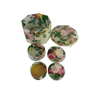 Handmade Vintage Nesting Boxes Set Floral Fabric Doll Face Lid 1980s Shabby Chic